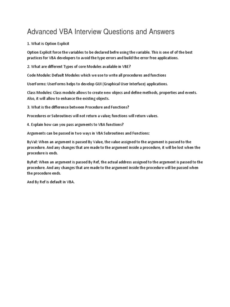 Advanced VBA Interview Questions and Answers | PDF