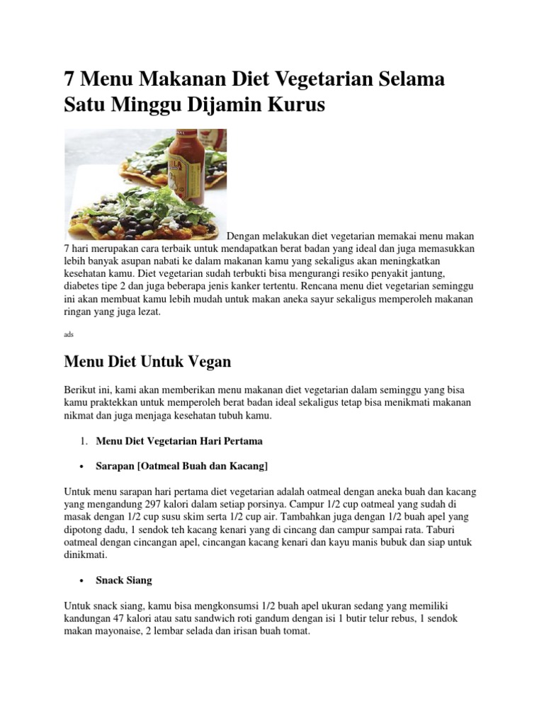 7 Menu Makanan Diet Vegetarian Selama Satu Minggu Dijamin Kurus