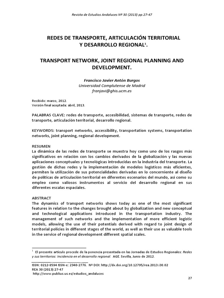 Redes de Transporte Articulacion Territorial y Desarrollo Regional PDF ...