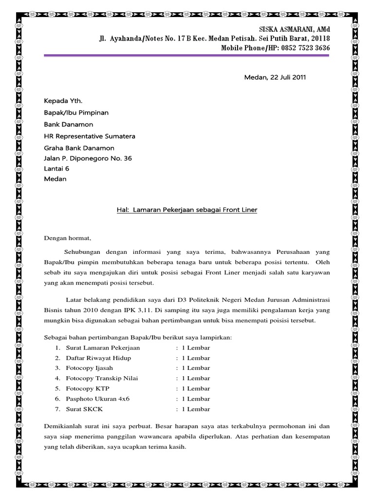 Contoh Lamaran Kerja Di Bank Danamon Seputar Bank