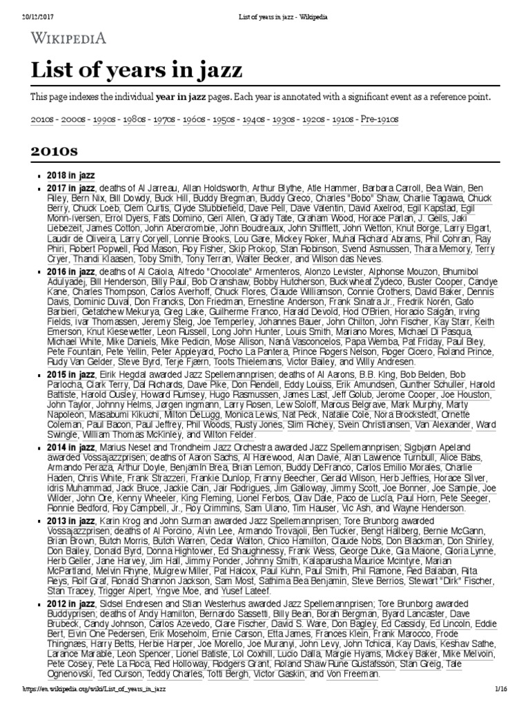 List of Years in Jazz - Wikipedia | PDF
