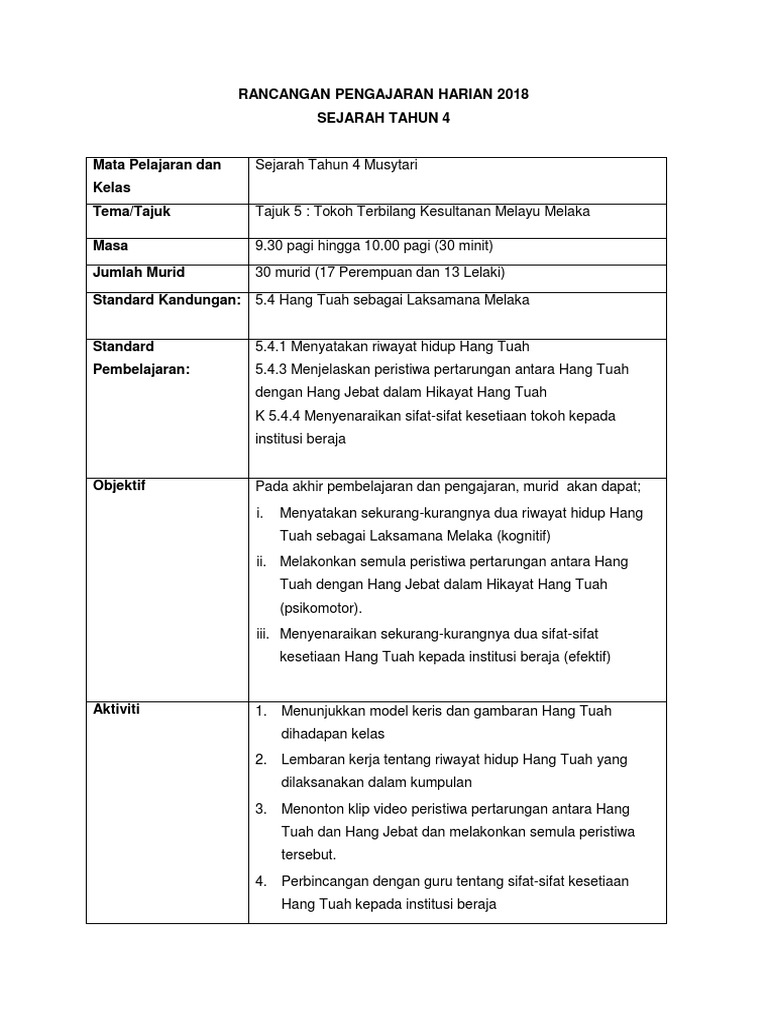 Rph Tahun 4 Hang Tuah Sebagai Laksamana Melaka Pdf