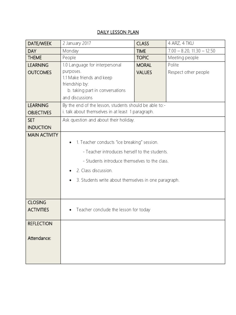 Daily Lesson Plan Monday | PDF | Lesson Plan | Quality Of Life