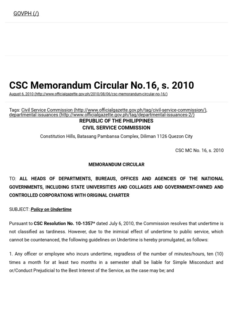 Csc Memorandum Circular No 16 Tardiness Pdf Public Sphere