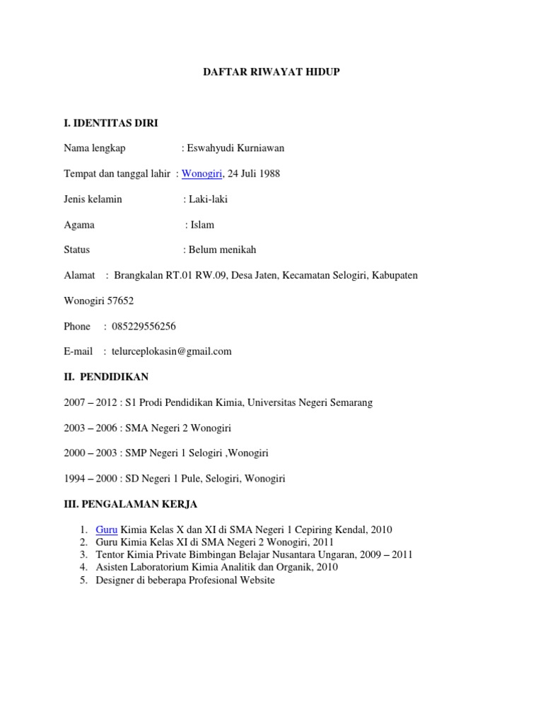 Contoh Daftar Riwayat Hidup Guru Smp