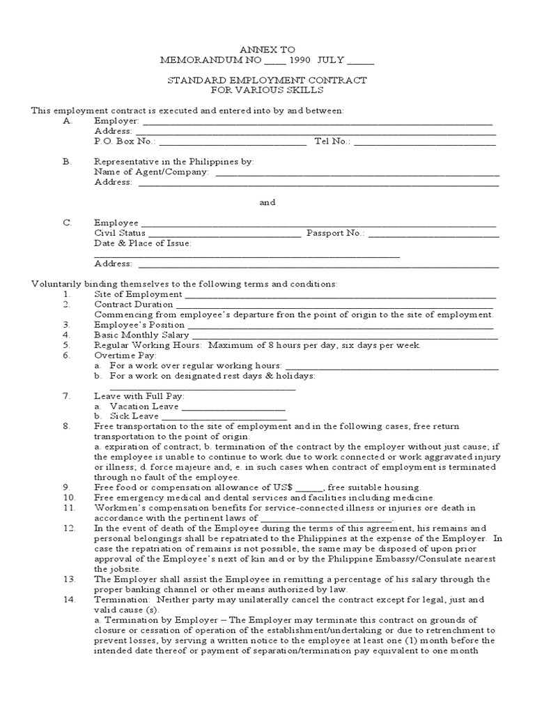 Standard Employment Contract Template | PDF | Working Time | Employment