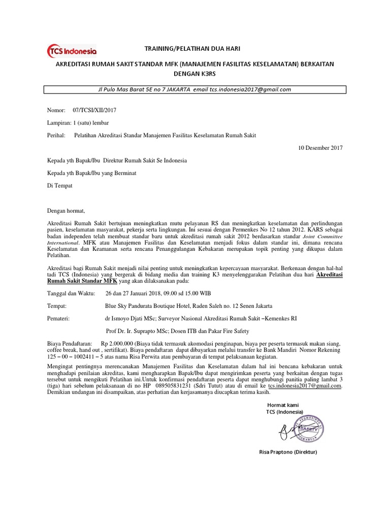 Surat Undangan Pelatihan K3 Rumah Sakit