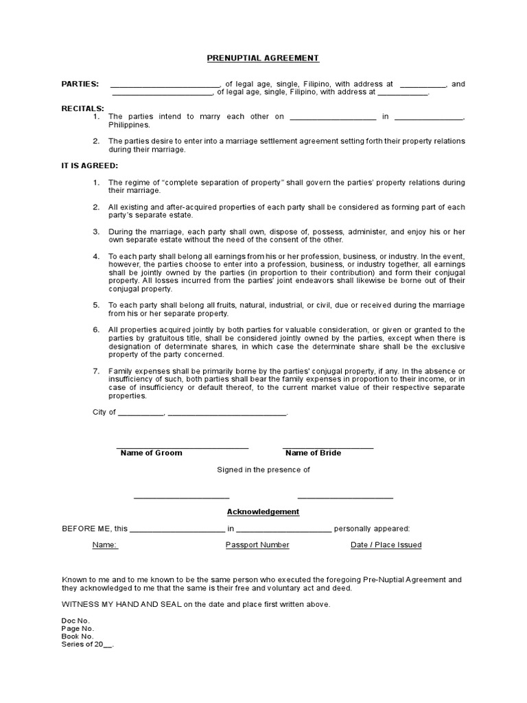 Prenuptial Agreement Draft (Complete Separation of Property)  PDF With Regard To house and flat share agreement contract template