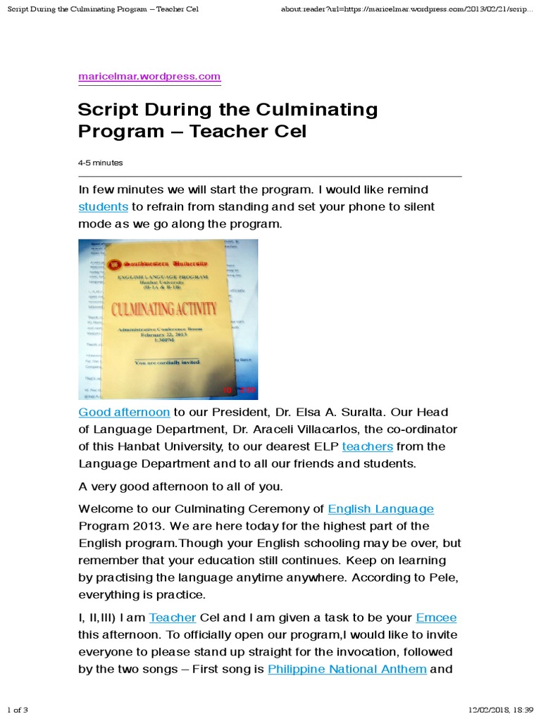 Script During The Culminating Program Teacher Cel Pdf Leisure