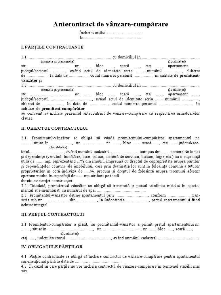 Antecontract De Vanzare Cumparare
