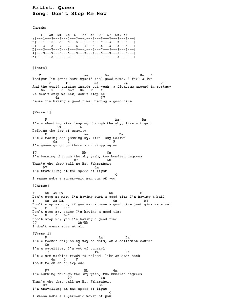 Dont Stop Me Now Queen Song Forms Song Structure