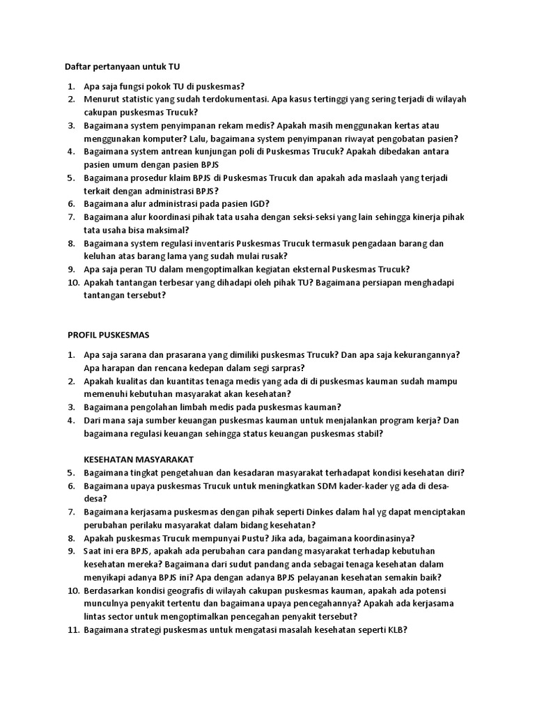 Daftar Pertanyaan Puskesmas