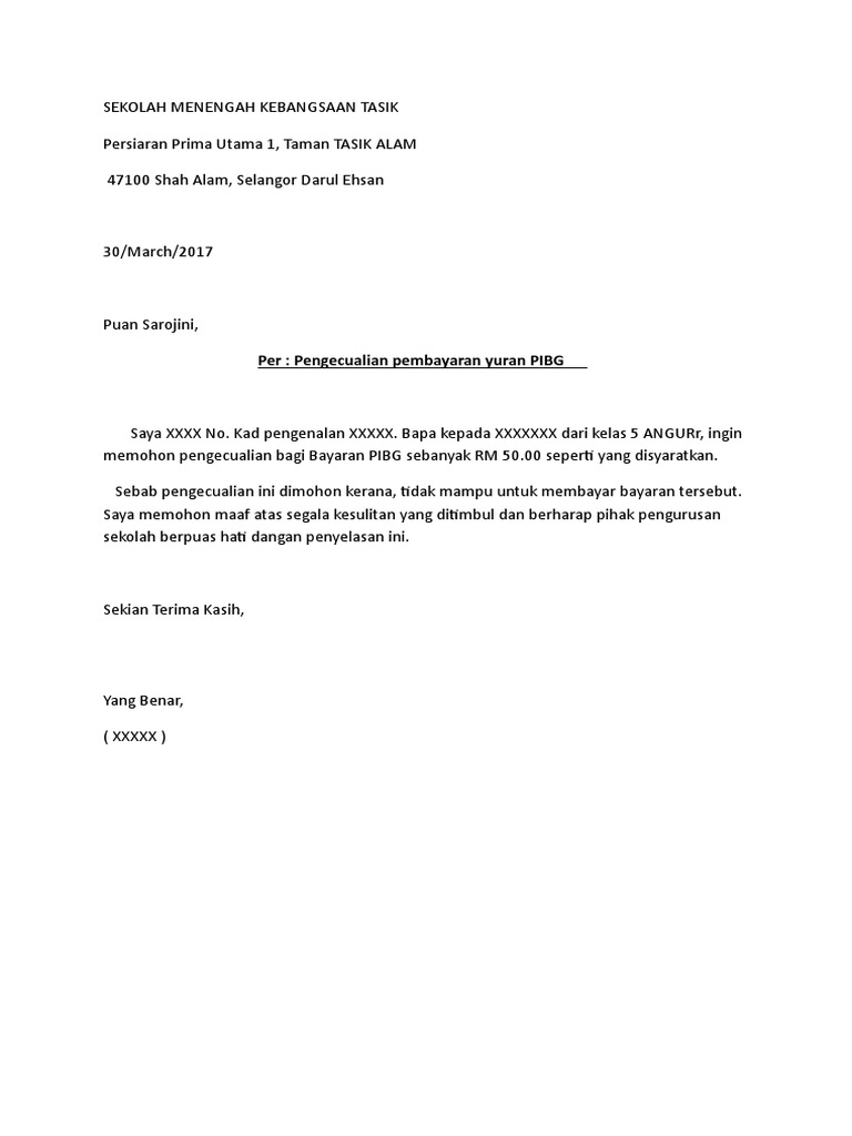 Surat Pengecualian Bayaran Pibg Pdf