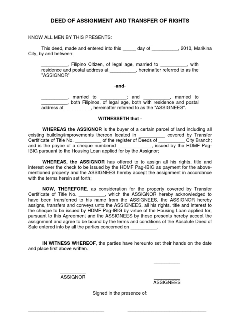 deed of assignment of business philippines
