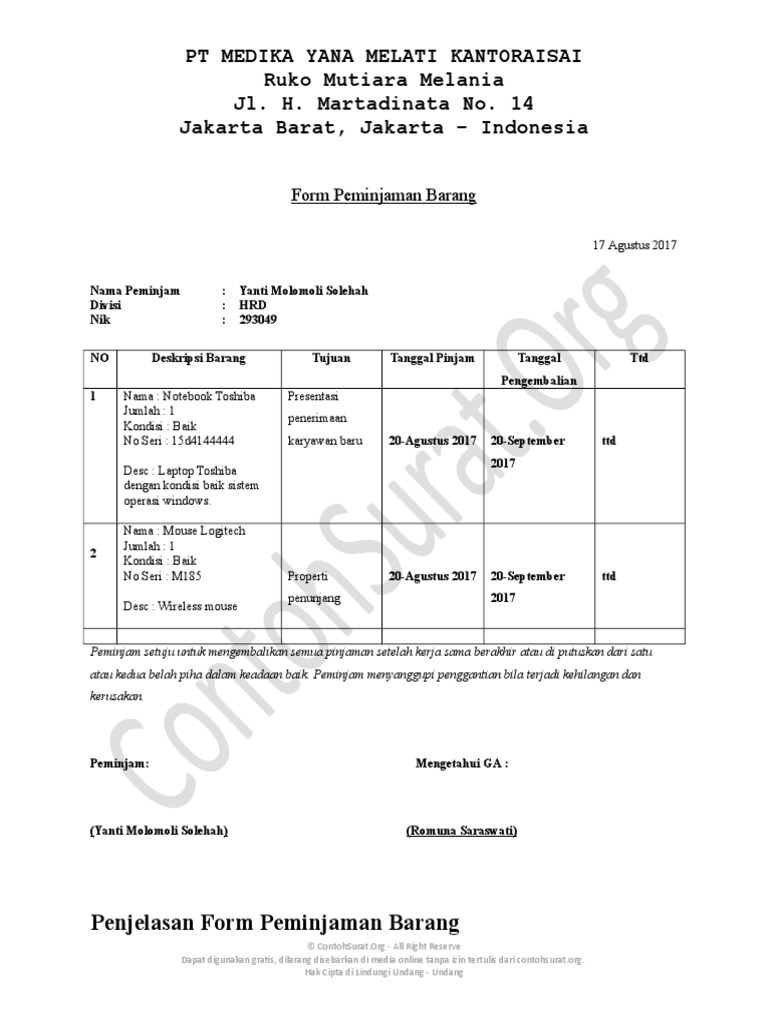 Contoh Form Peminjaman Barang Inventaris Kantor 02 | PDF