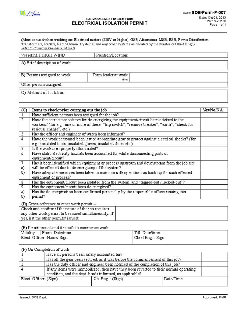 Electrical Isolation Permit Template | PDF | Electricity | Electric Power