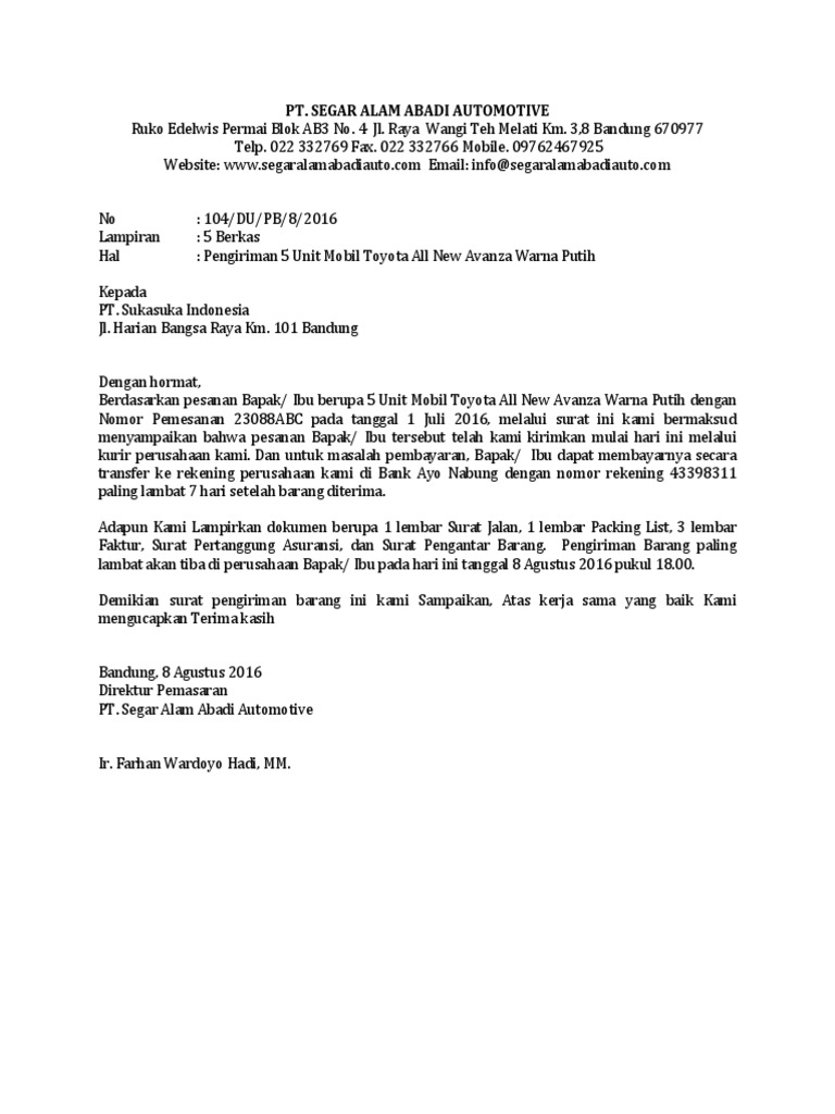 Contoh Surat Pengiriman Barang Berupa Kendaraan 1