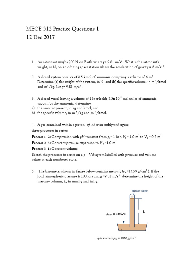 Practice Questions Pressure Measurement Atmospheric Pressure Free