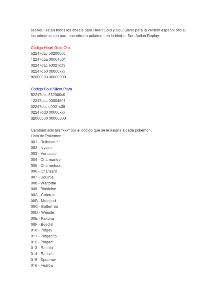 Aqui Estan Todos Los Cheats Para Heart Gold Y Soul Silver Para La Version Espanol Oficial Pdf