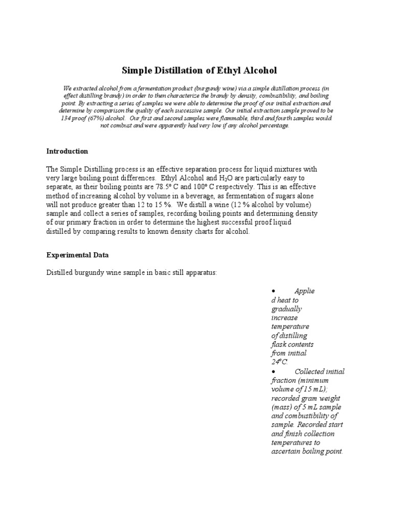 Sample Lab Report Distillation of Ethyl Alcohol Distillation Ethanol
