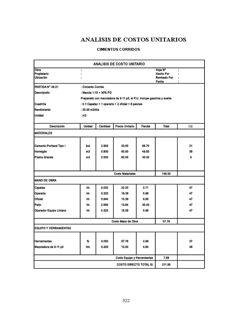 Ejemplo Analisis De Costos Unitarios Elementos Arquitectonicos Horticultura Y Jardineria