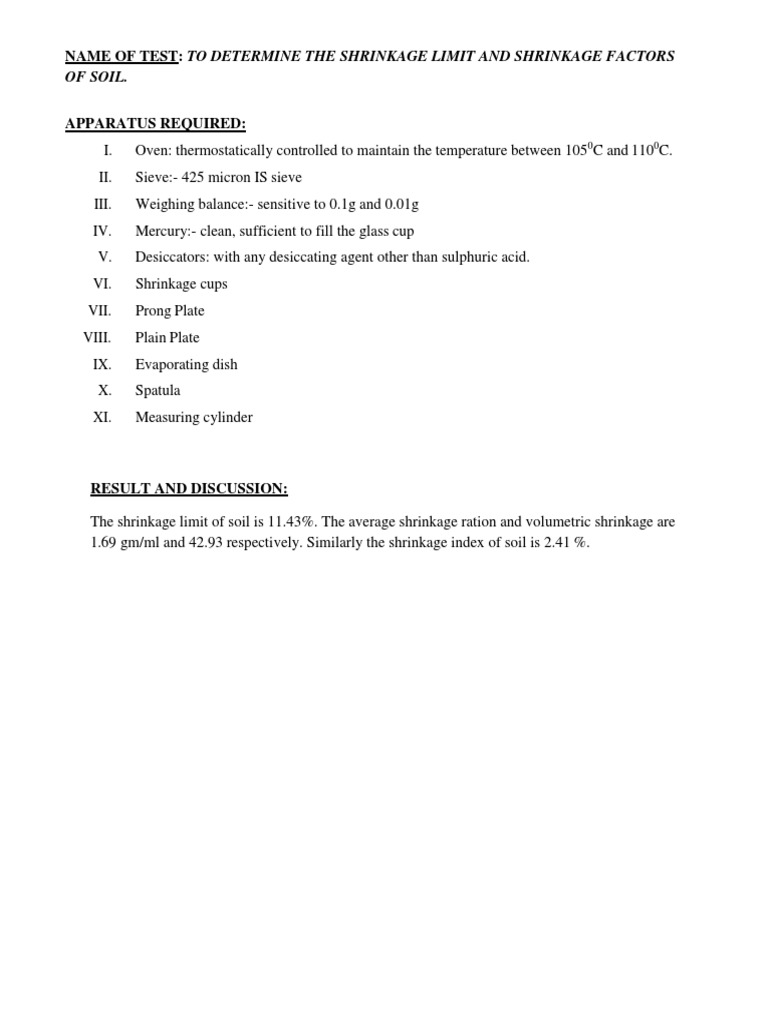Of Soil. Name of Test To Determine The Shrinkage Limit and Shrinkage Factors PDF Materials