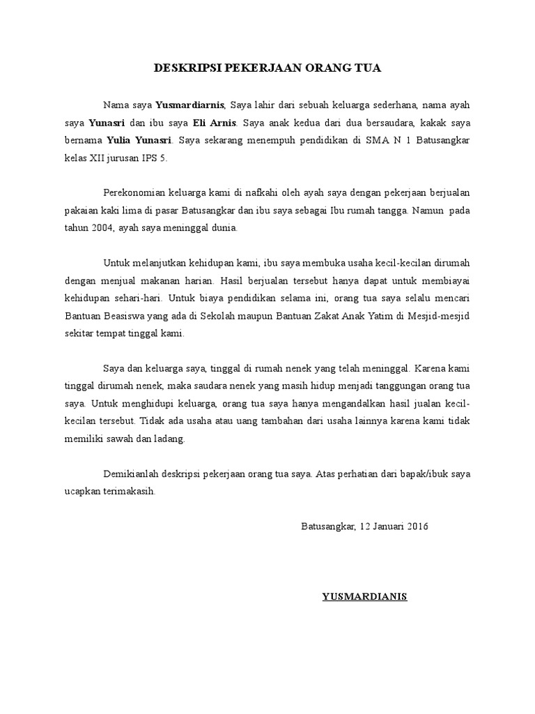 Deskripsi Pekerjaan Orang Tua