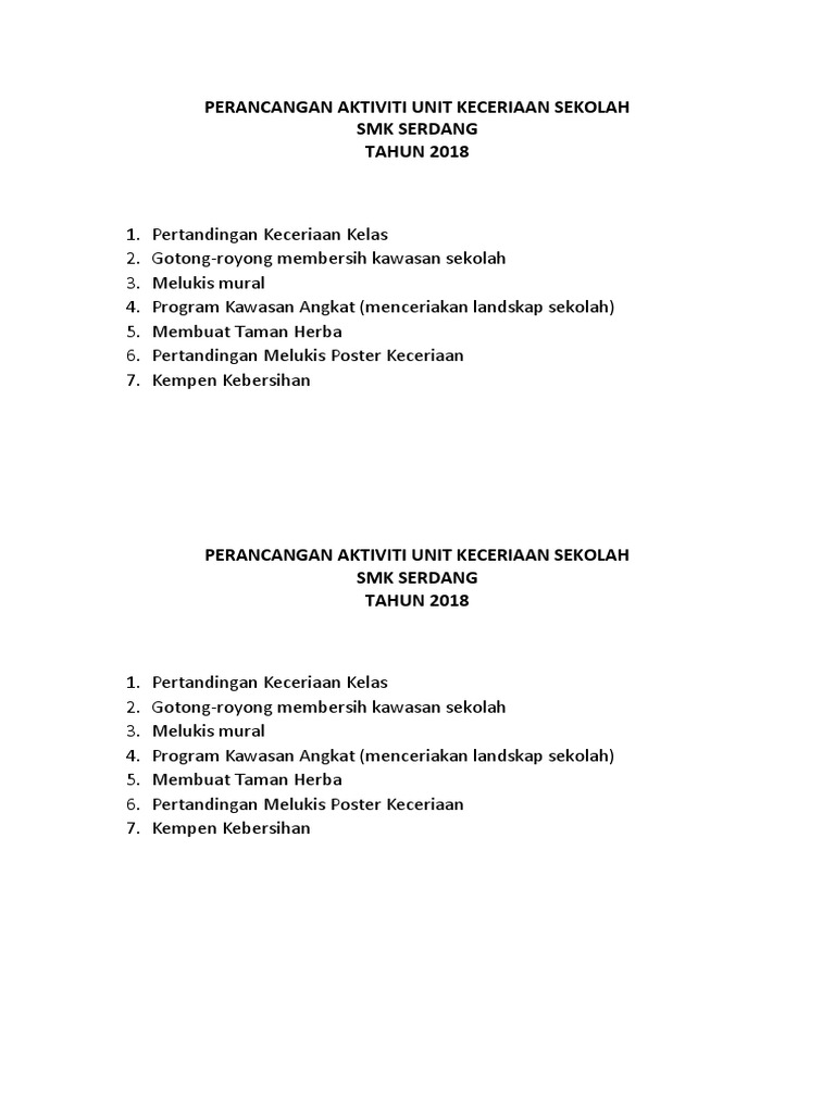 Perancangan Aktiviti Unit Keceriaan Sekolah Pdf