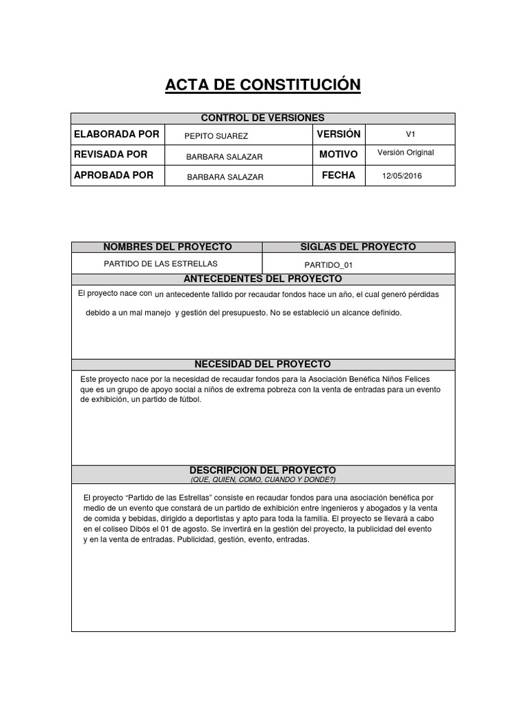 Acta de Constitución del Proyecto Benéfico | PDF | Presupuesto | Business