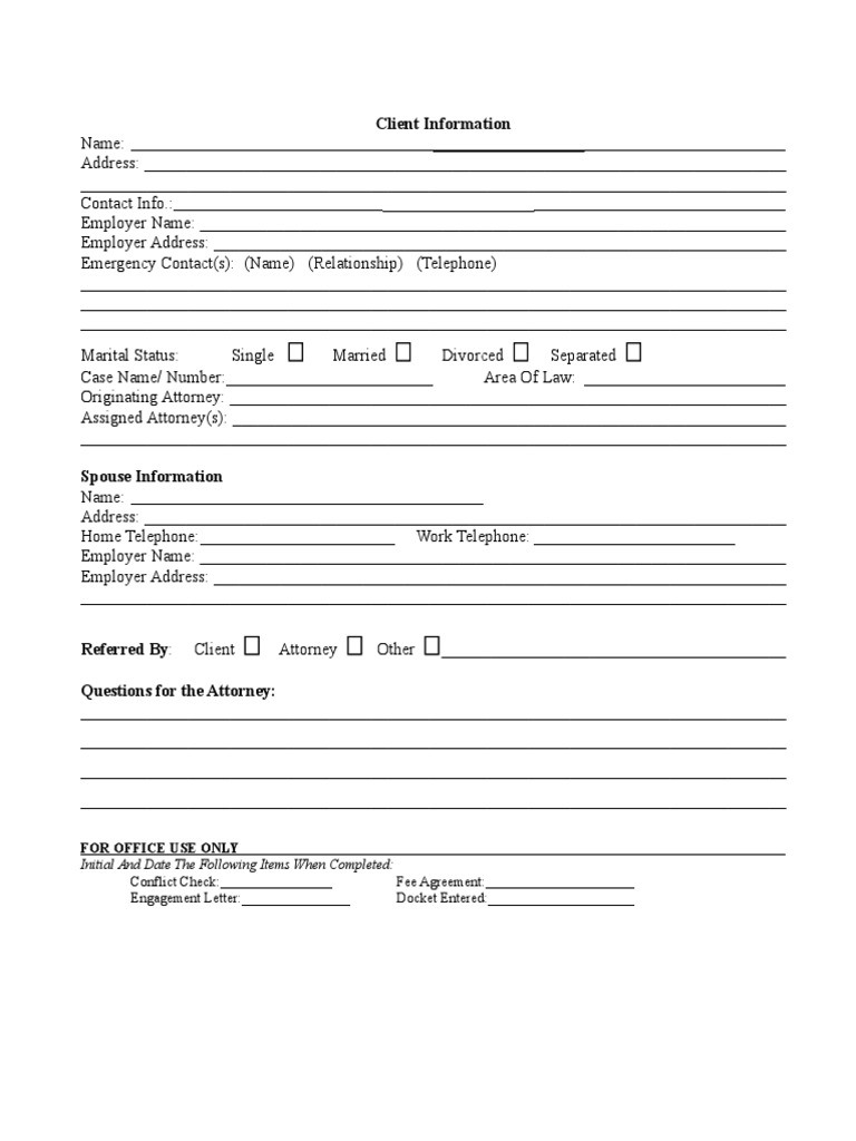 Client Information Sheet Template | PDF | Lawyer | Divorce