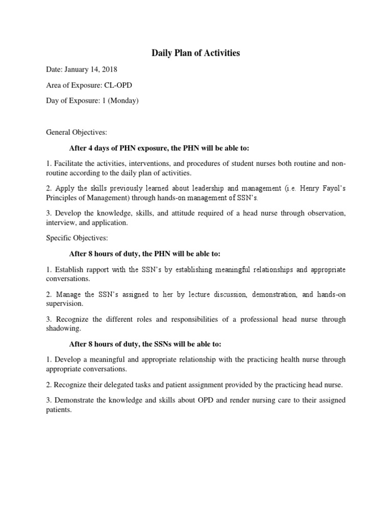 Daily Plan Of Activities In Nursing