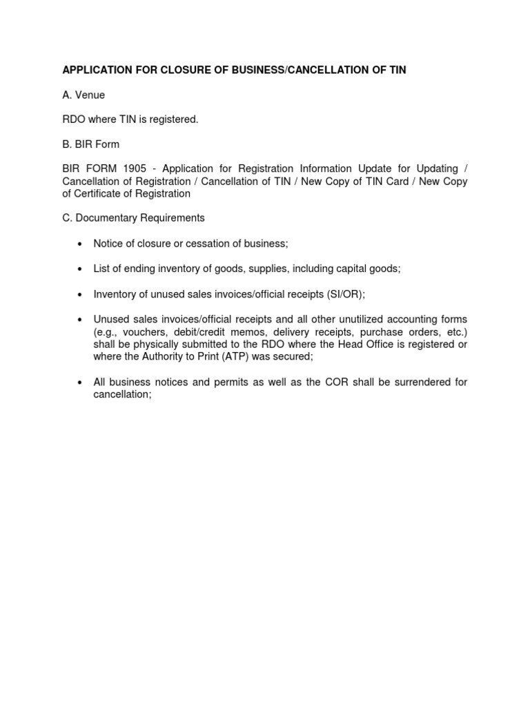 BIR Business Closure Application Guide | PDF