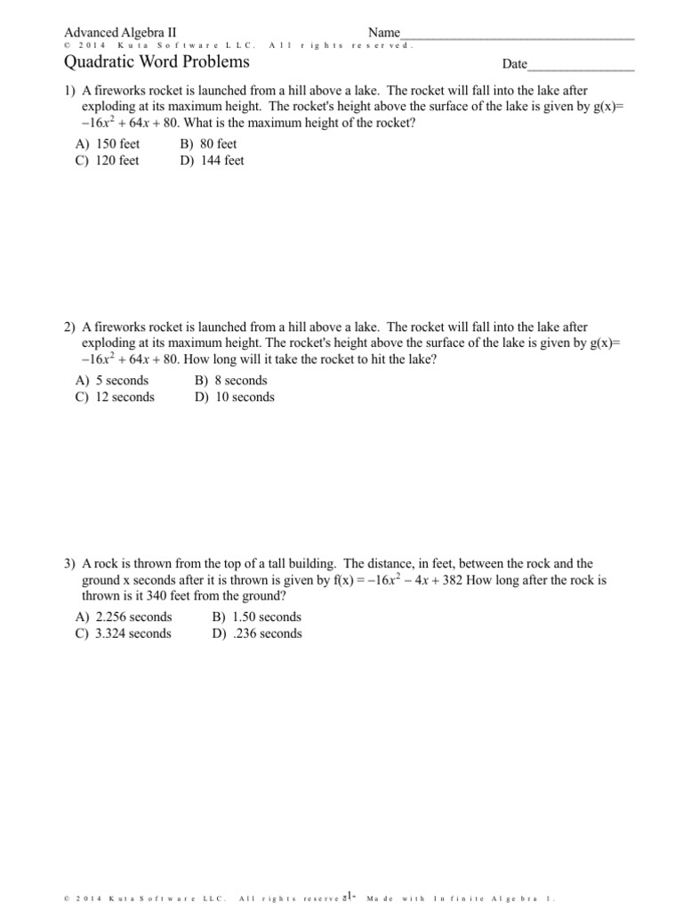 Quadratic Word Problems  PDF  Teaching Mathematics  Science Regarding Quadratic Word Problems Worksheet