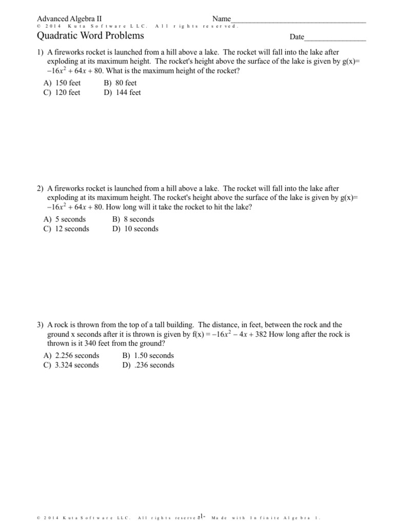 Quadratic Word Problems  PDF  Teaching Mathematics  Science Within Quadratic Word Problems Worksheet