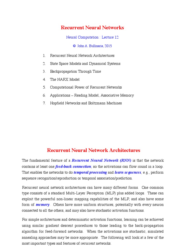 Recurrent Neural Networks | PDF | Artificial Neural Network | Systems ...