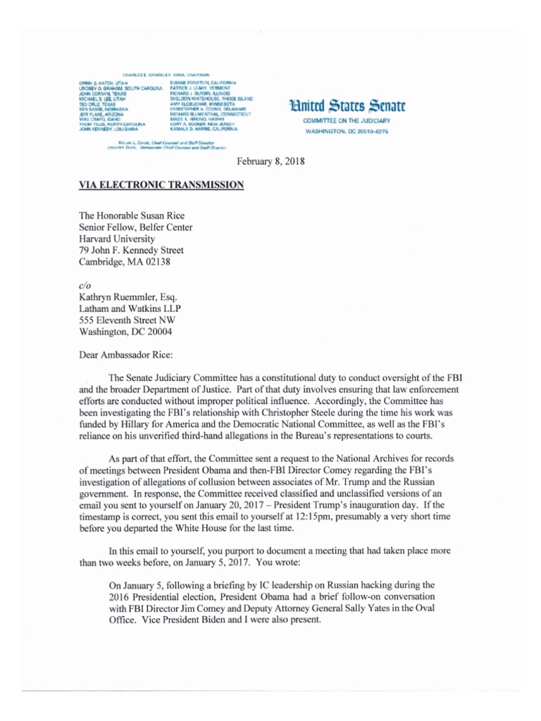 Grassley Letter to Rice and Attachment Federal Bureau Of