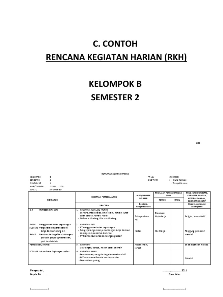 C Contoh Rencana Kegiatan Harian RKH Kelompok B Semester | PDF