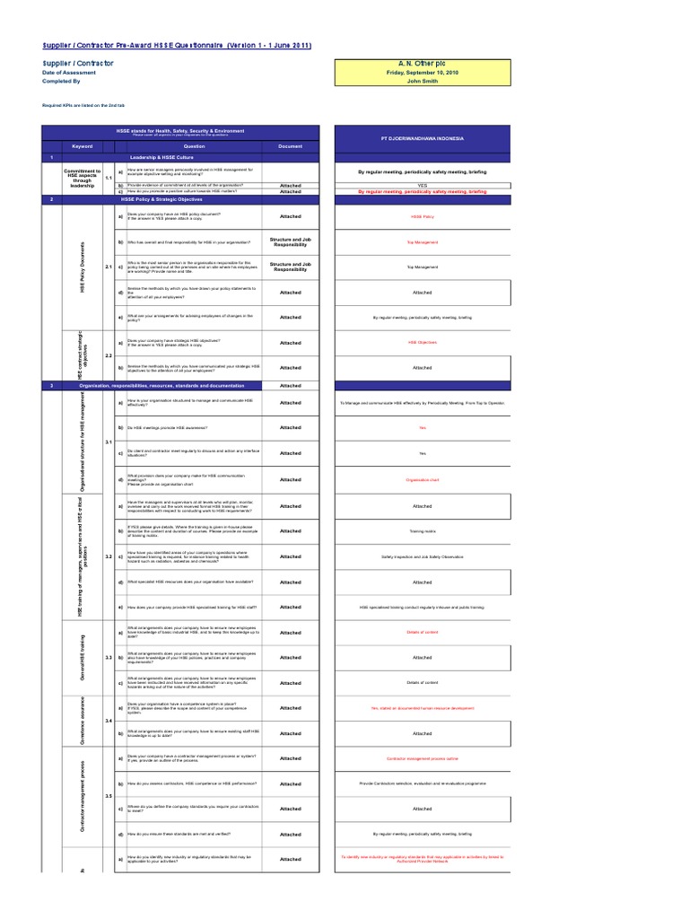HSSE Pre-Award Questionnaire Overview | PDF | Audit | Hazards