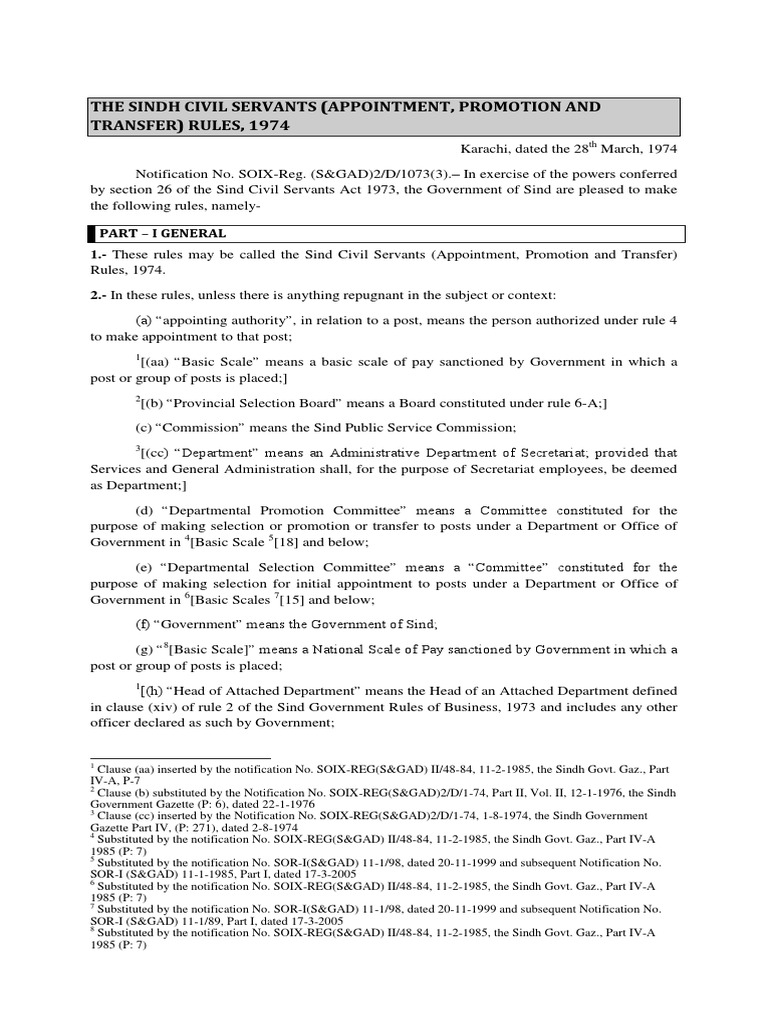 Sindh Civil Servants (Appointment, Promotion and Transfer) Rules, 1974