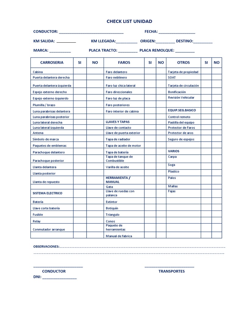 Check List Unidad Formato | Tecnologa de vehculos | Vehculos
