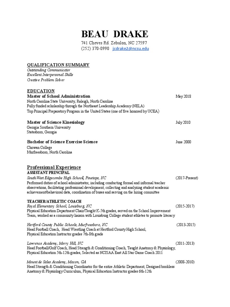 Beau Drake Final Resume PDF North Carolina Physical Education