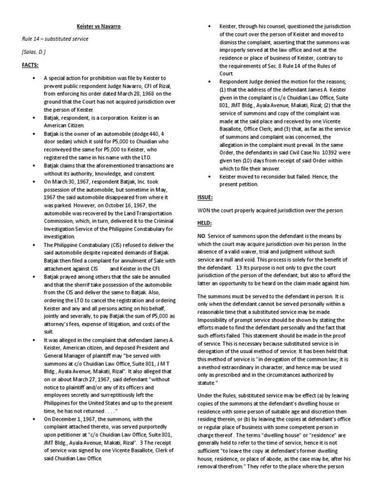 Keister Vs Navarro PDF Service Of Process Summons