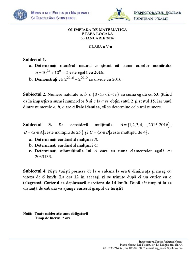 2016 Matematica Locala Neamt Clasa A Va Subiectebarem | PDF