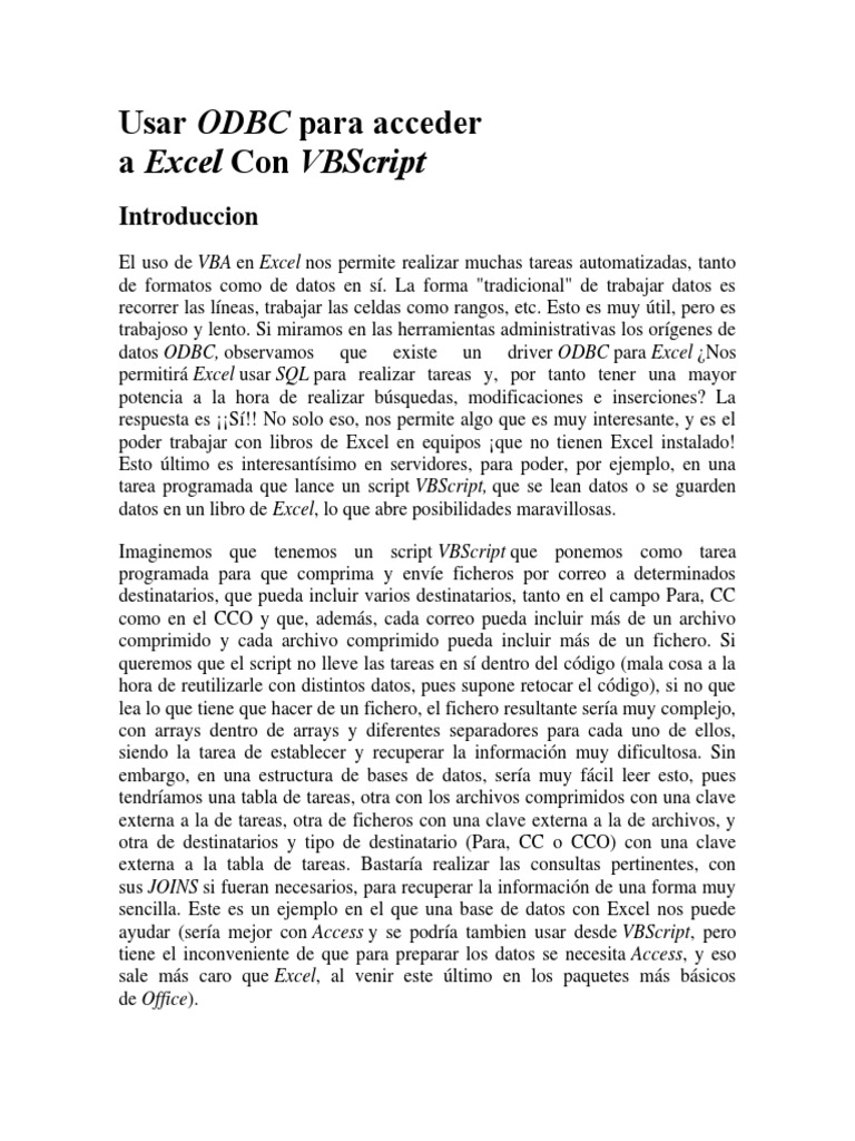 Acceso a Excel con ODBC y VBScript | PDF | Active X Data Objects ...