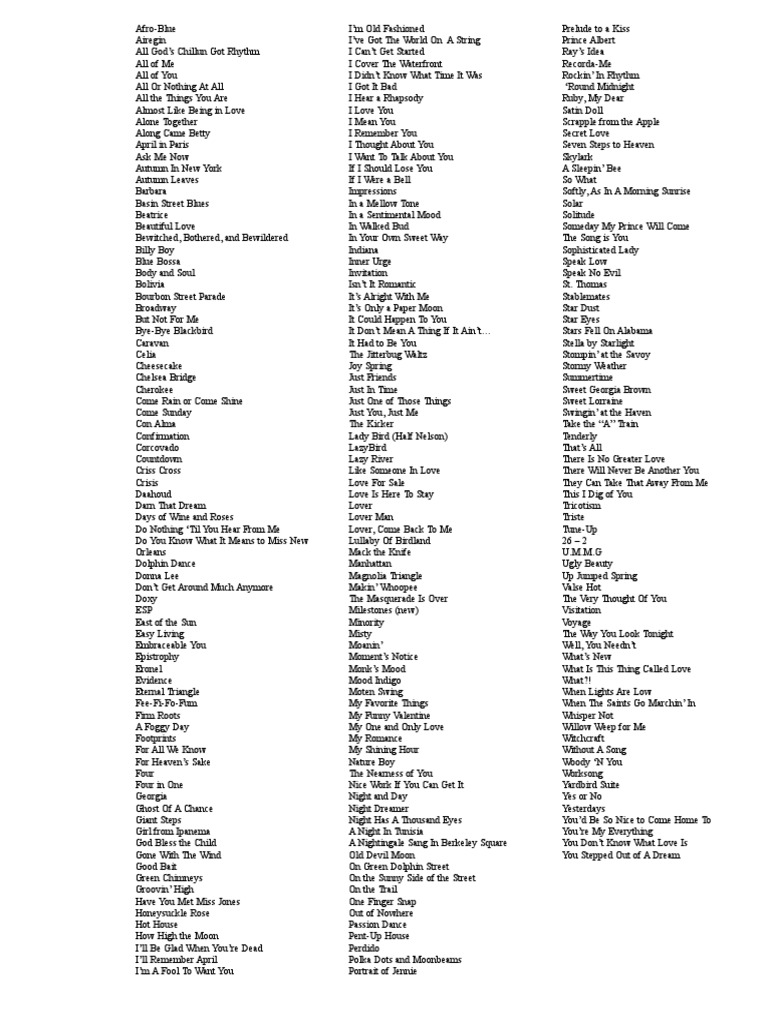 Jazz Standards Tune List PDF Popular Music American Styles Of Music