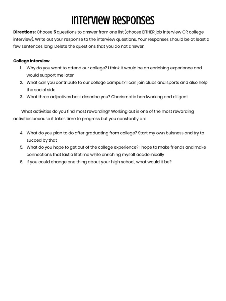 Interview Responses: Directions: Choose 5 Questions To Answer From One ...