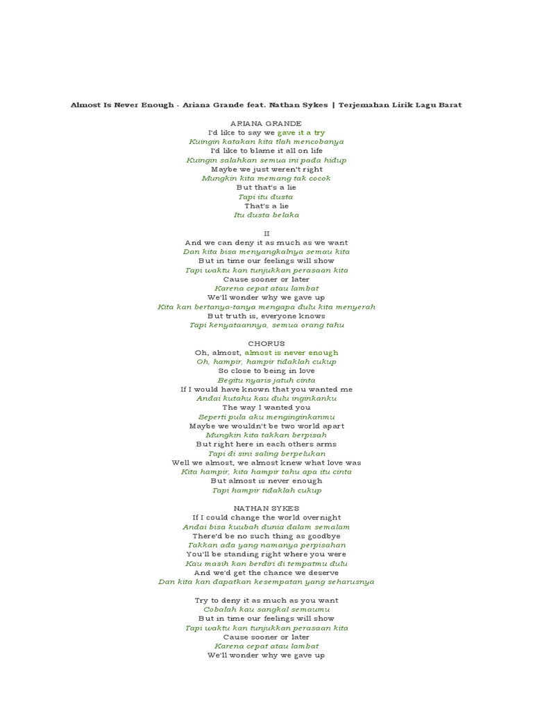 Lirik Lagu Almost Is Never Enough Terjemahan