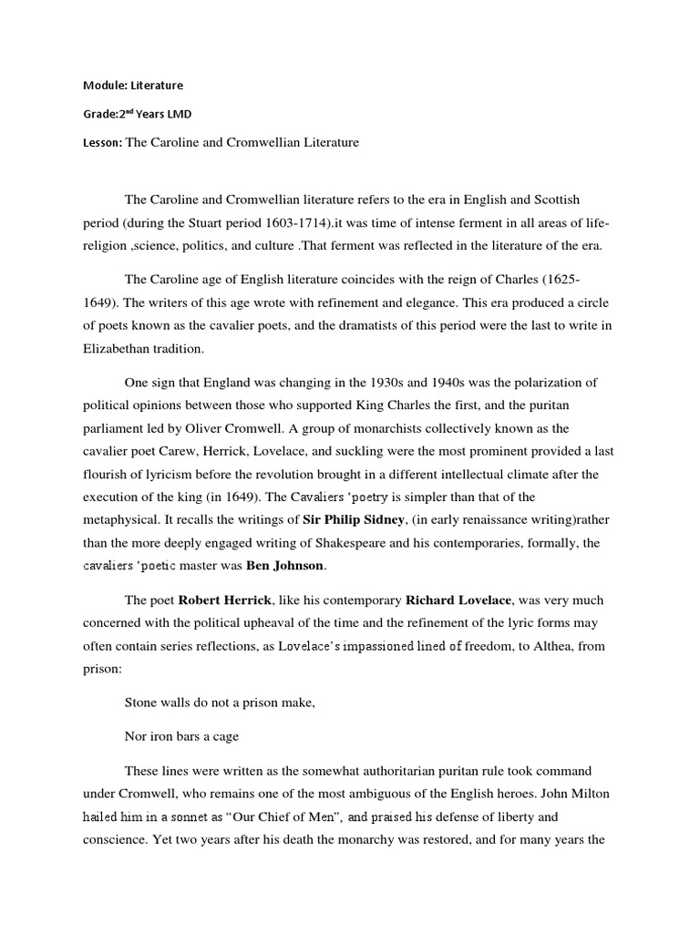 Caroline Lit | PDF | English Literature | Ben Jonson