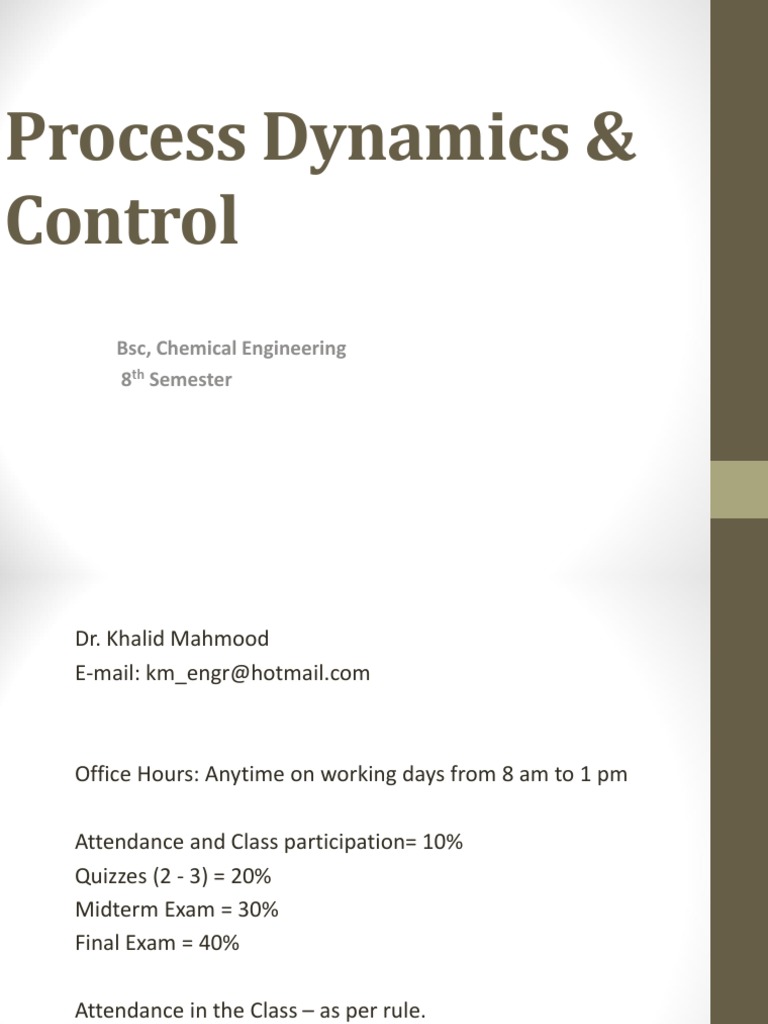 Process Dynamics & Control BSC, Chemical Engineering 8 Semester PDF Control Theory