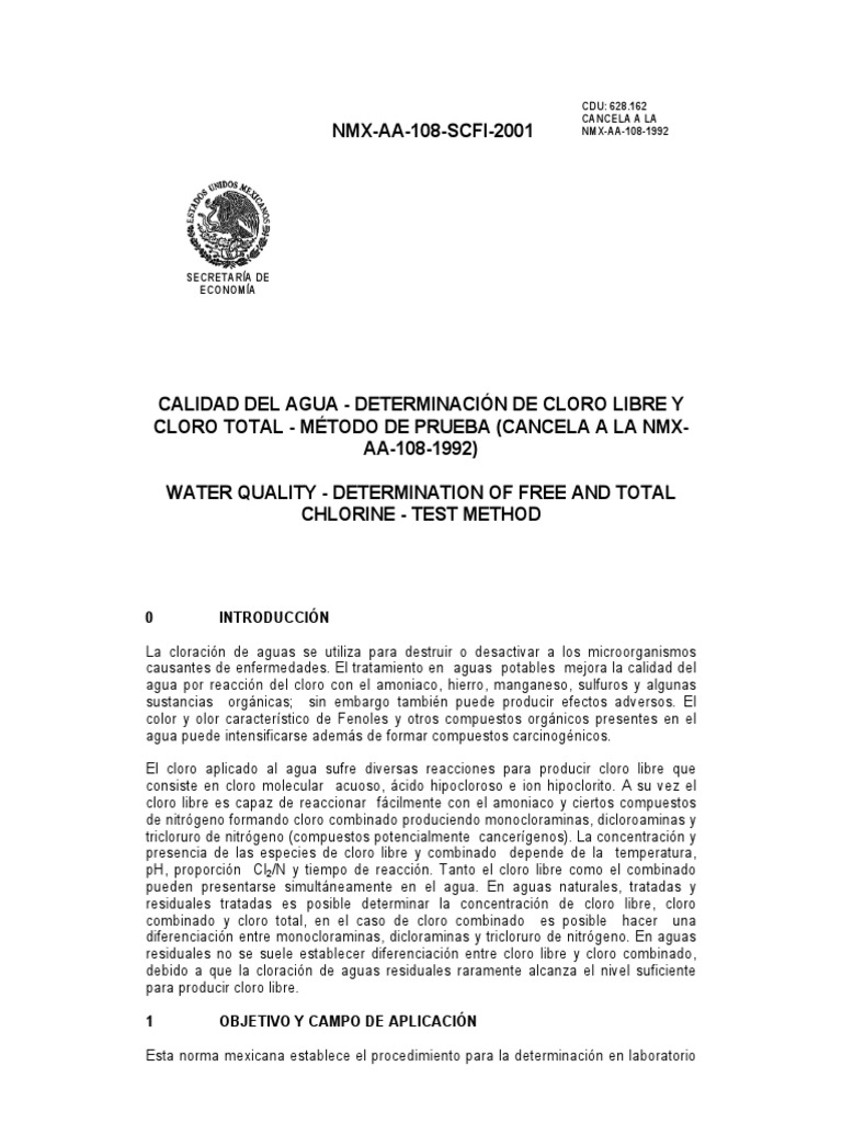 NMXAA108SCFI2001 Cloro Libre y Cloro Total PDF PDF Cloro